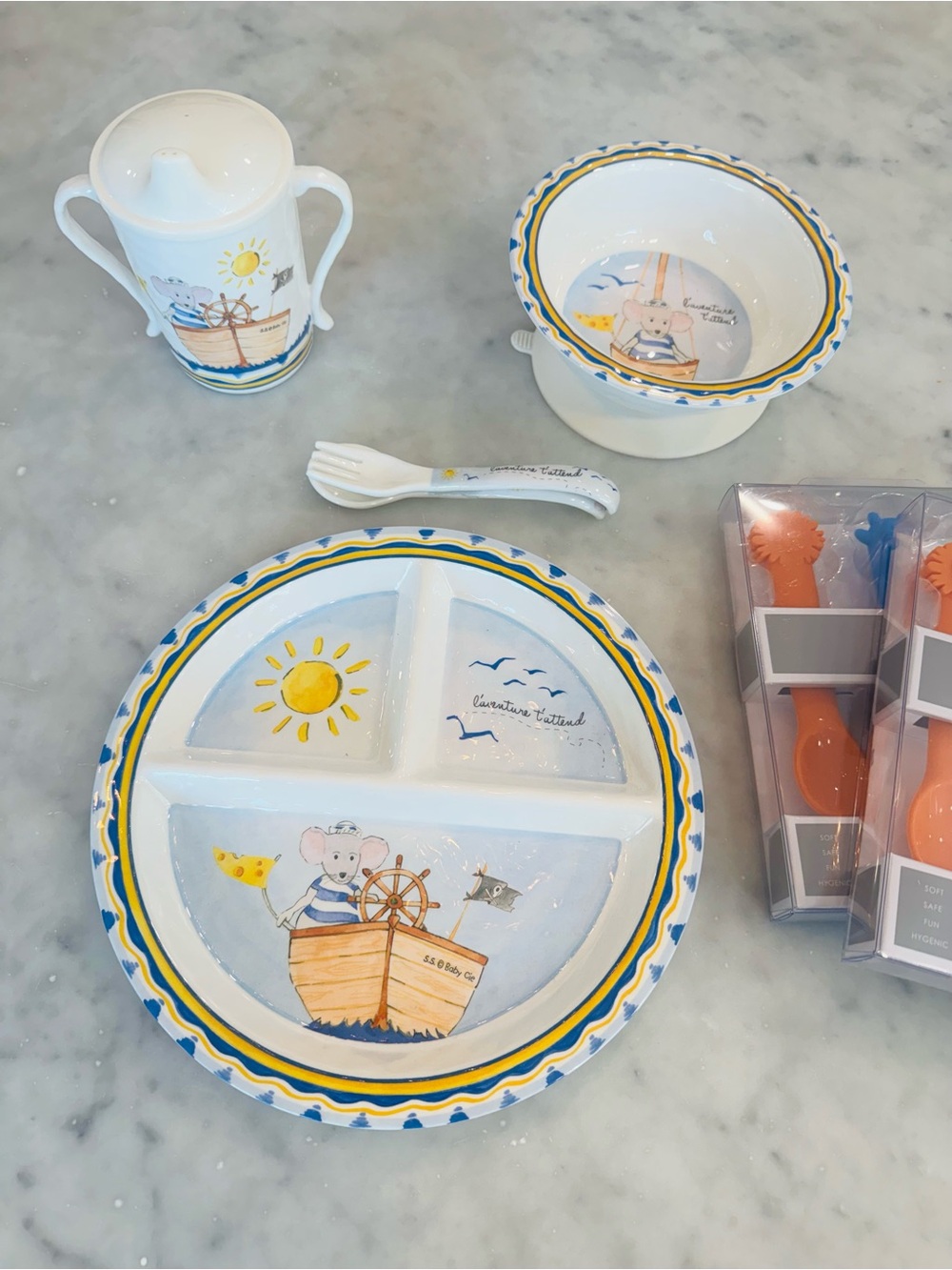 Baby Cie “Adventure Awaits” feeding set and Elegant baby spoons